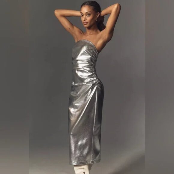 NWT Anthropologie The Soleil Magic Fabric Strapless Ruched Dress Silver - XS - Picture 3 of 4